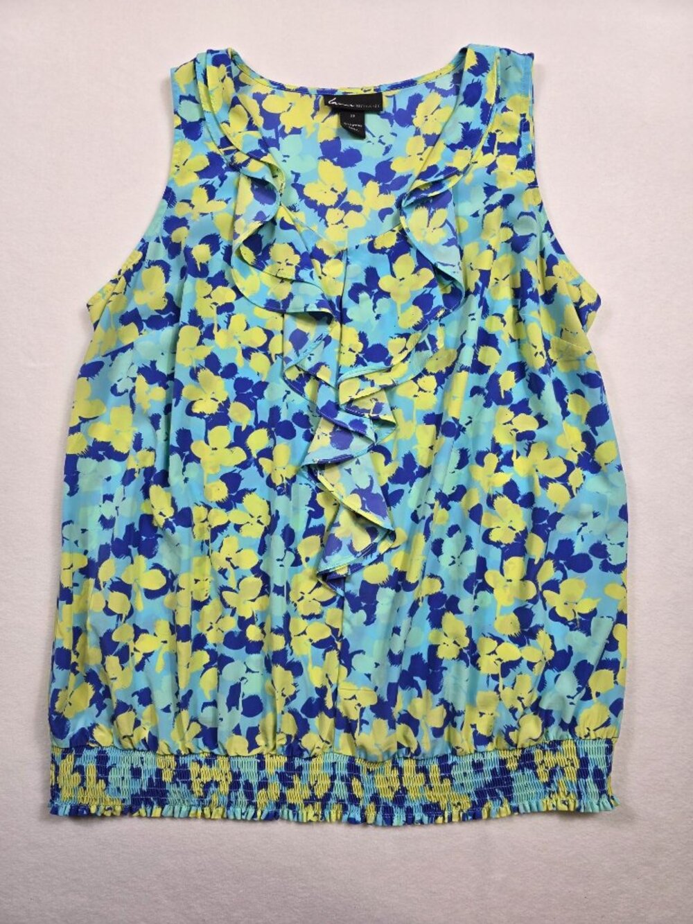 Lane Bryant Floral Sleeveless Blouse 20 Blue & Yellow Ruffle Front Womens Top